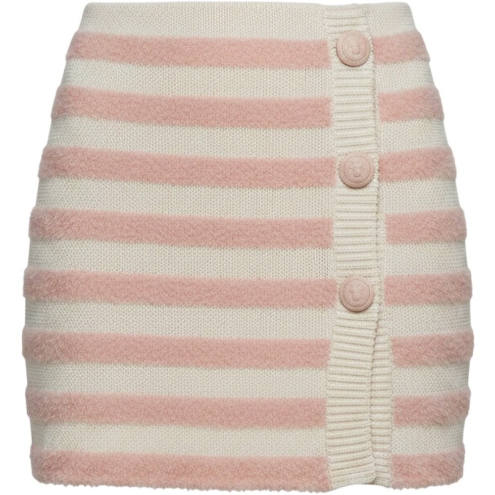 NWT Balmain Paris Pink Fluffy Striped Wool Knit Mini Skirt Lion Buttons FR38 US6